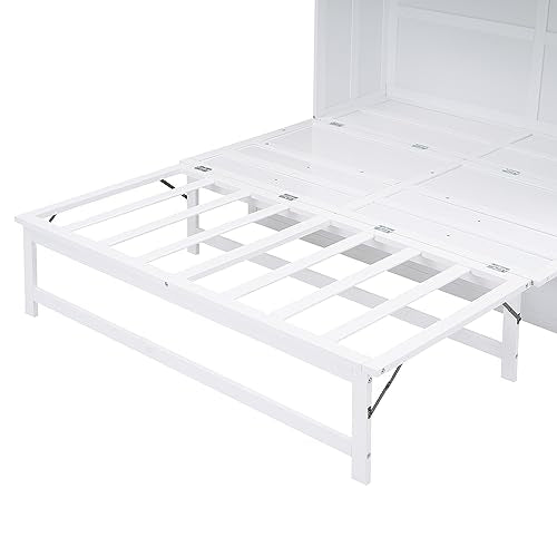 White Queen Size Wood Murphy Bed with Bookcase H73978