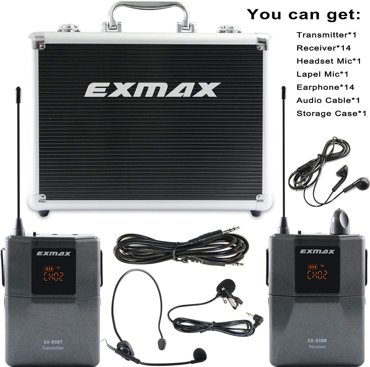 Wireless Headset Microphone Tour Guide System (1 Transmitter 14 Receivers with Black Storage Case) N317594
