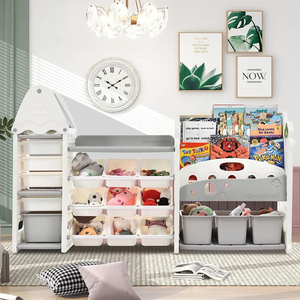 Grey Kids Bookshelf Toy Storage Organizer with 17 Bins and 4 Bookshelves J4983