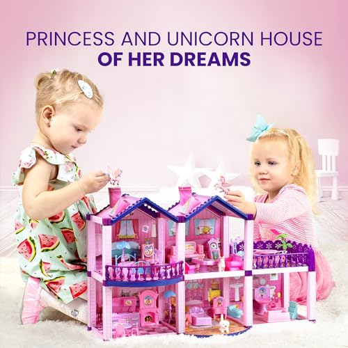 Pink and Purple 5 Room Dollhouse with 4 Princesses, 4 Unicorns, Dog, Furniture and Accessories M457