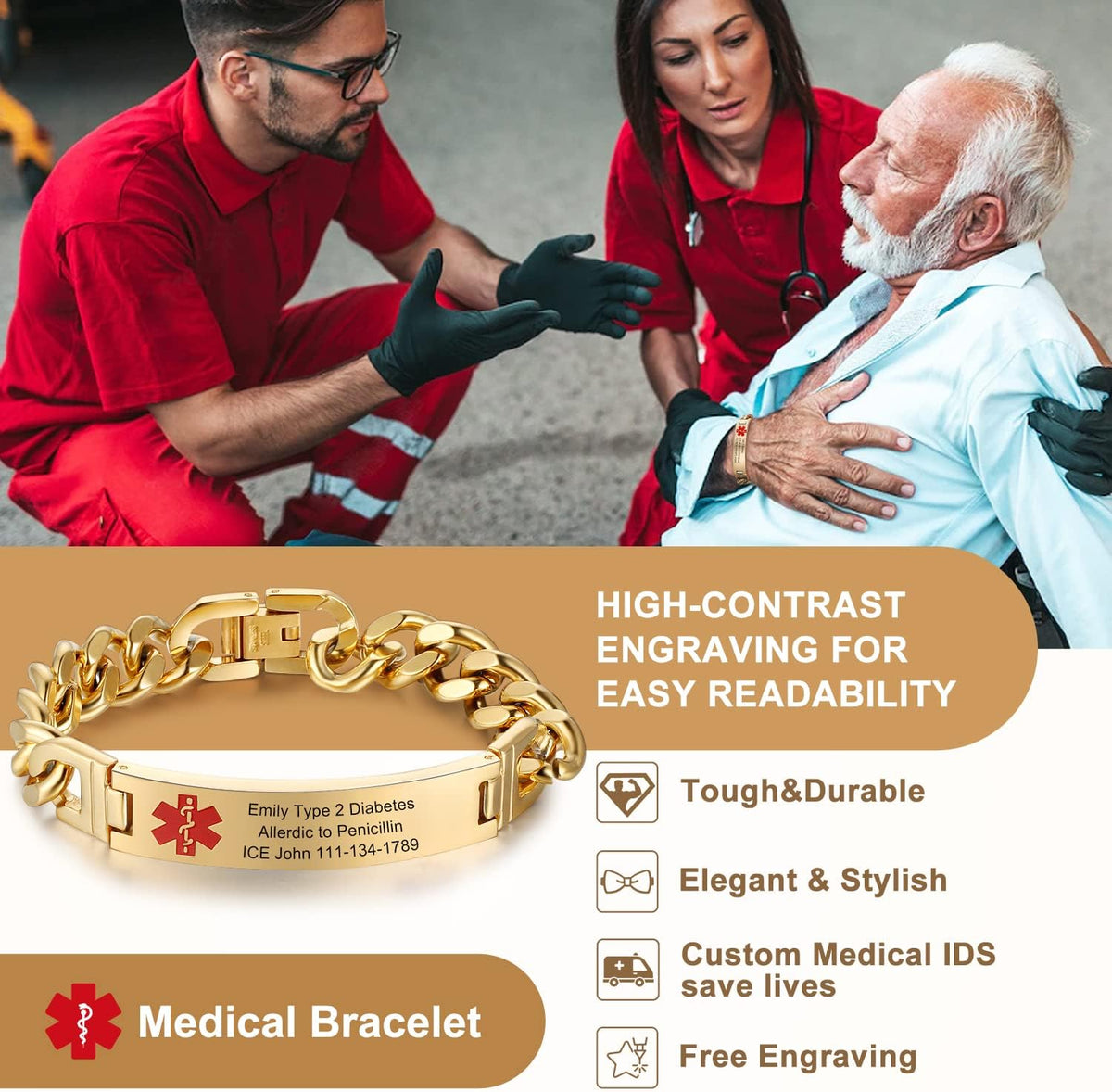 Stainless Steel Medical ID Bracelets for 8.5 Inches M273
