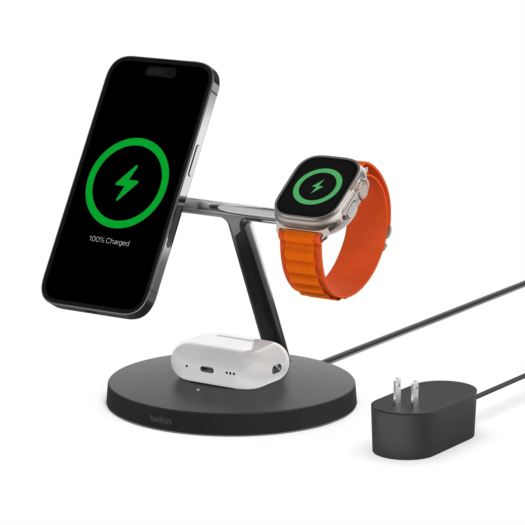 Black 3-in-1 Wireless Charging Stand for iPhone, Apple Watch, AirPods E821