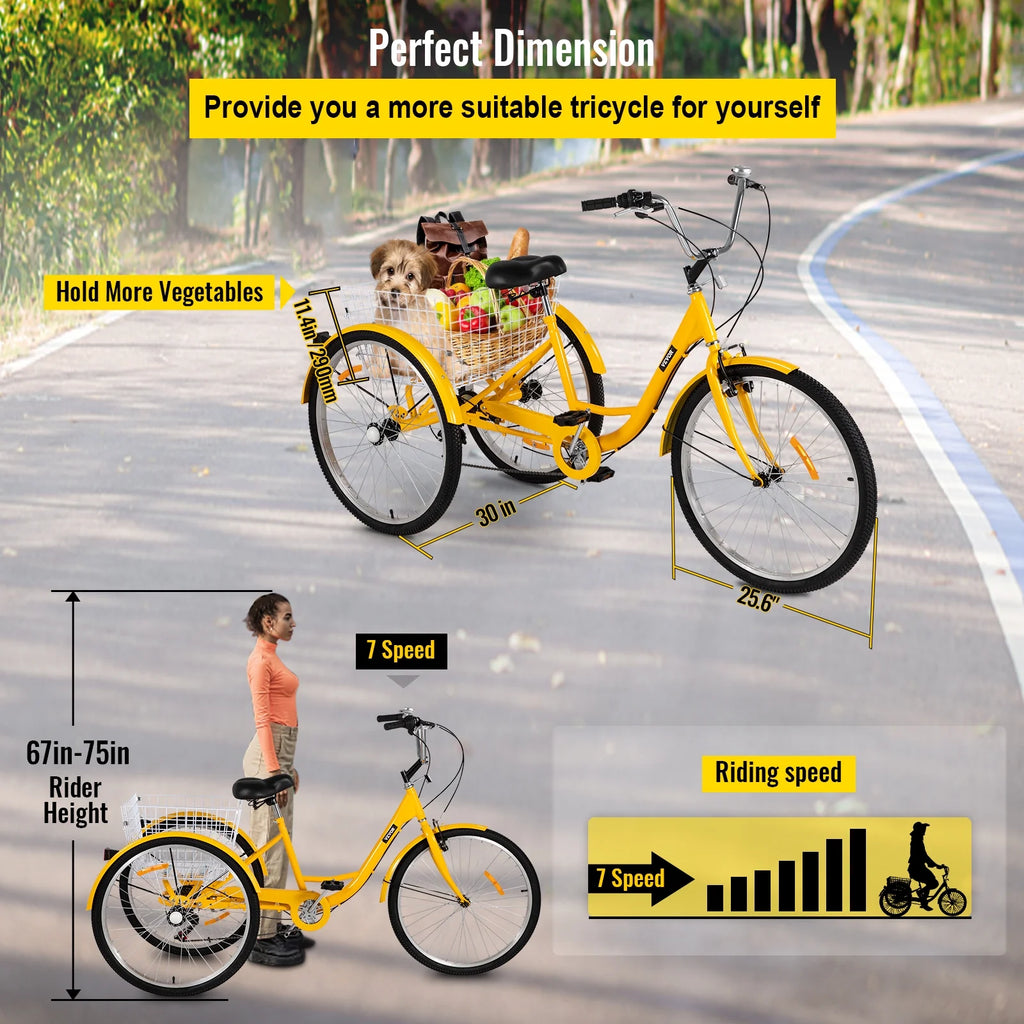 Adult Tricycle 26 inch 7-Speed 3 Wheel Cruiser Bike with Basket P825