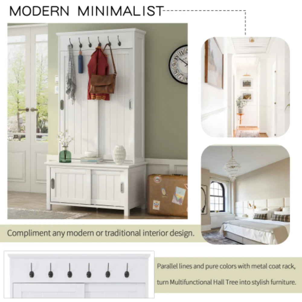 White Wooden Hall Tree with Sliding Doors and Storage Bench J666057