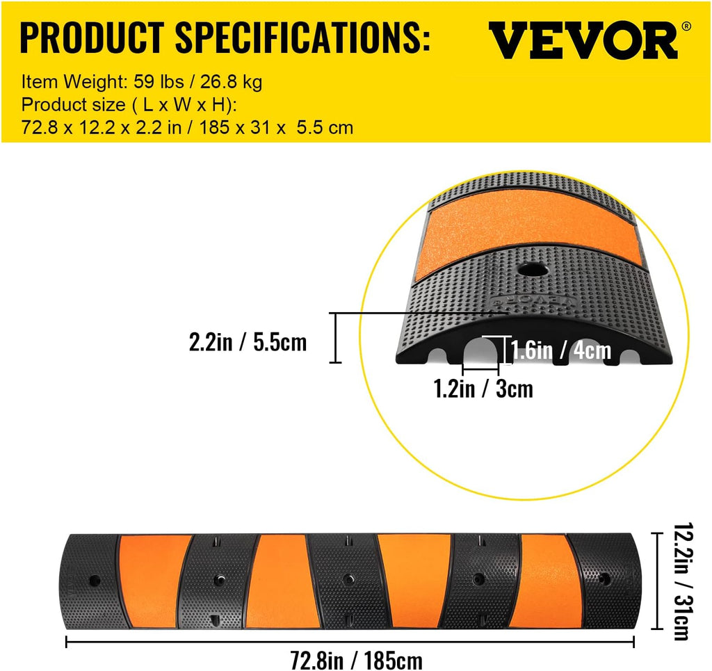 Rubber Speed Bump, 2 Pack, 72.8 Long Modular Speed Bump, 22000 LBS Load Capacity N856493