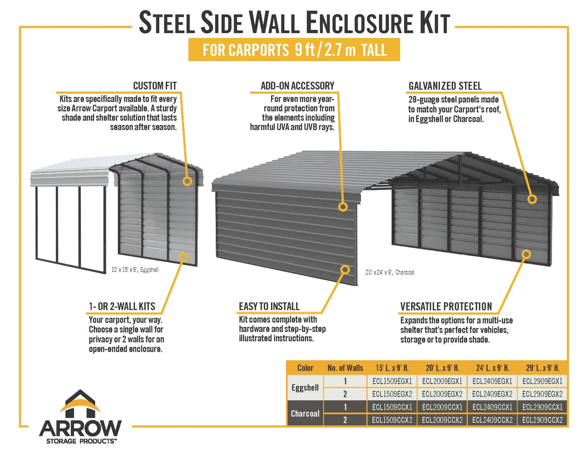 Galvanized Steel Carport Kit with 2-Sided Enclosure G1609