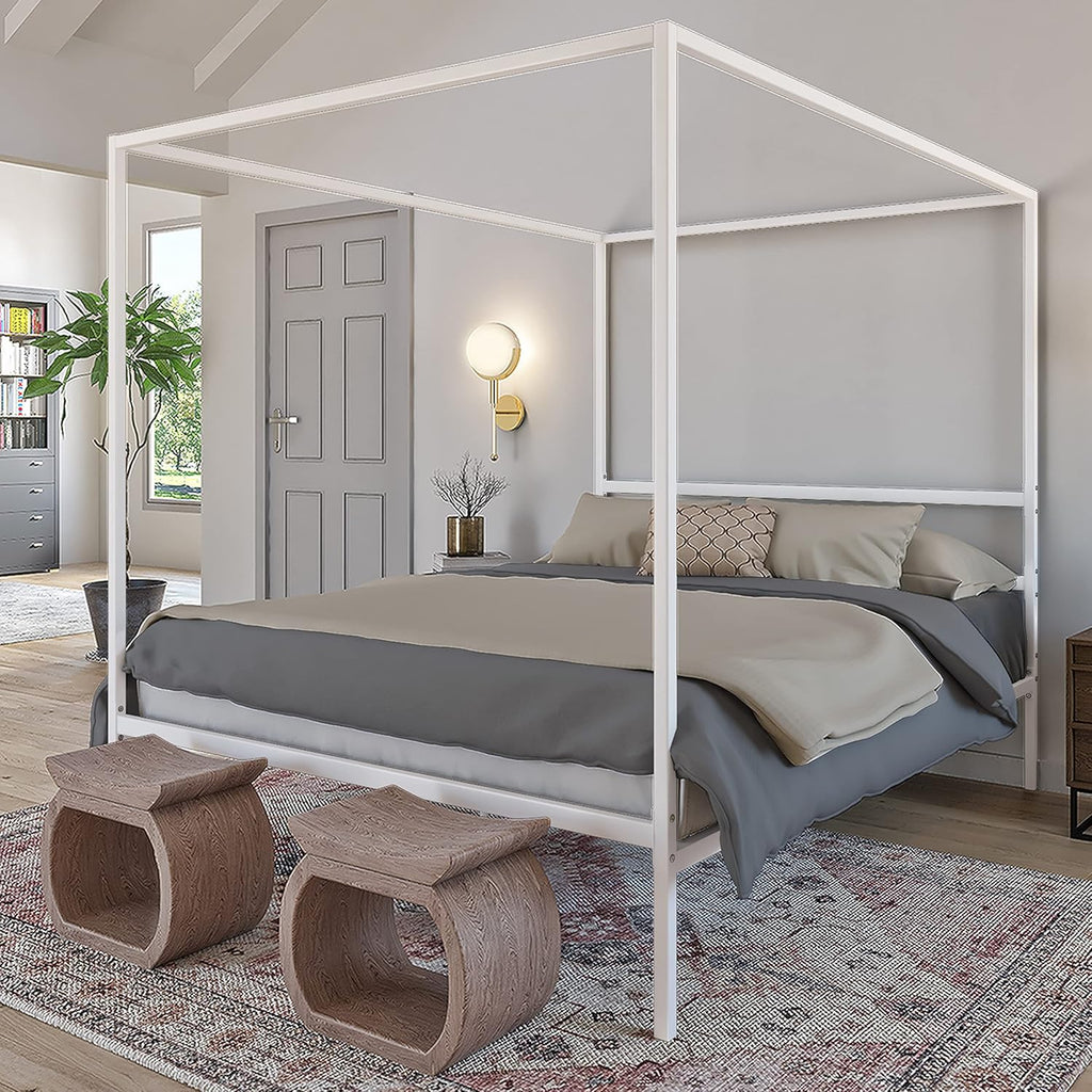 White Metal Queen Size Canopy Platform Bed Frame with Wooden Slats I532309
