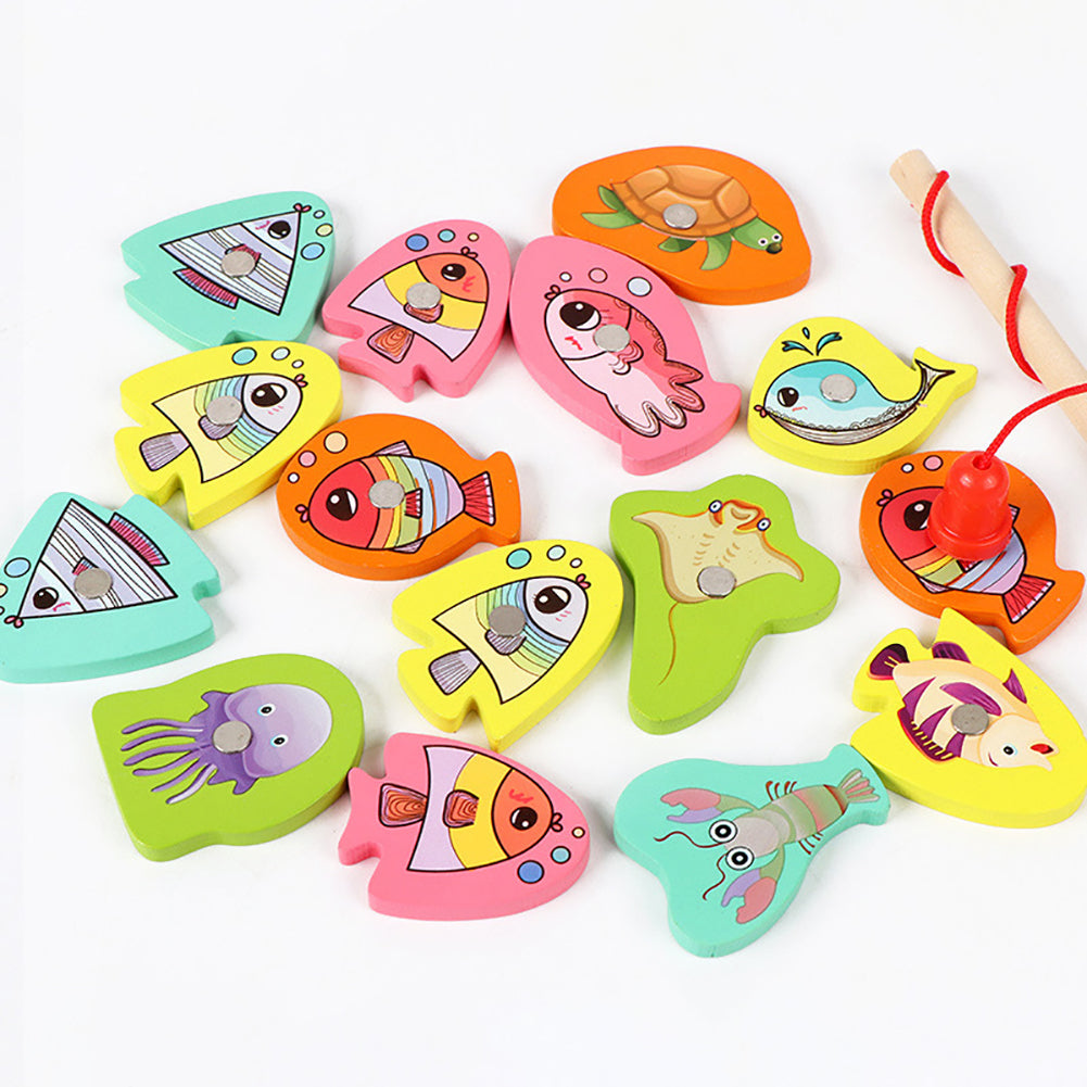 15pcs Wooden Magnetic Fishing Toy with 15 Fish and 1 Rod K5073