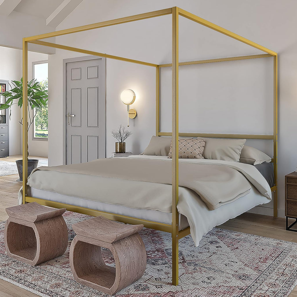 White Metal Queen Size Canopy Platform Bed Frame with Wooden Slats I532309