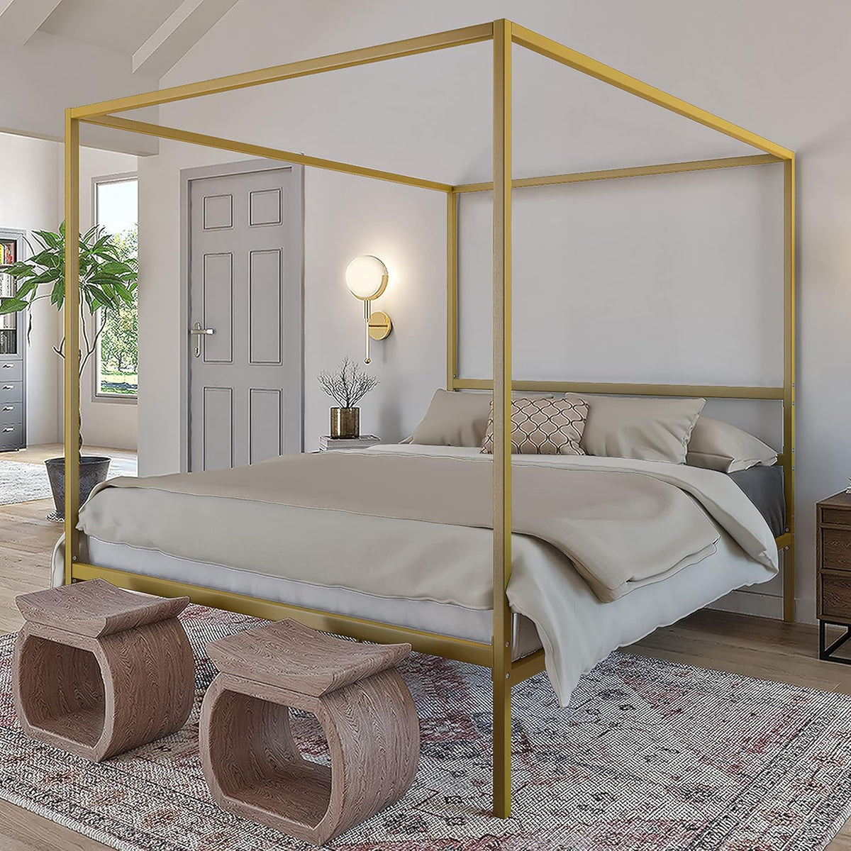 White Metal Queen Size Canopy Platform Bed Frame with Wooden Slats I532309