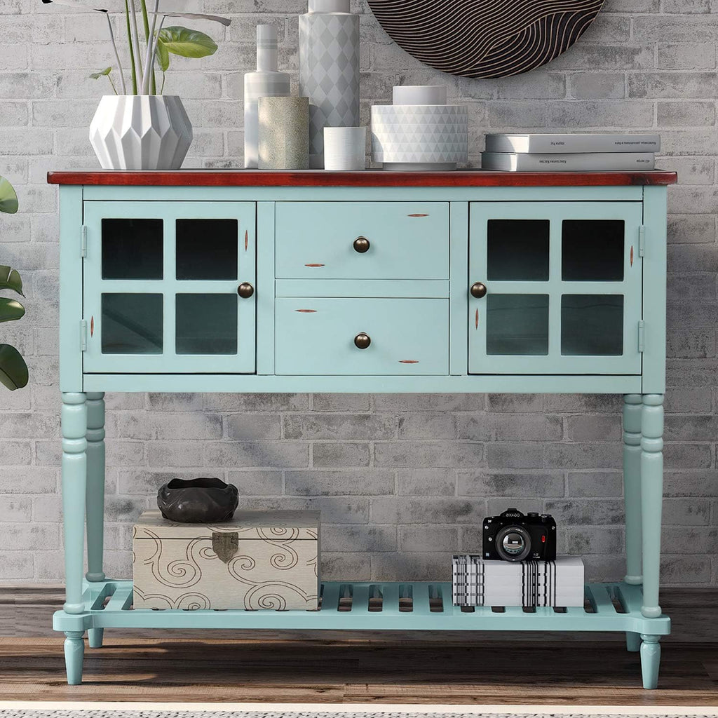 Antique Blue Console Table with Two Storage Drawers and Two Cabinets O586