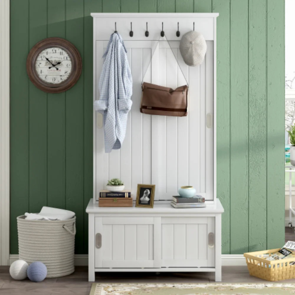 White Wooden Hall Tree with Sliding Doors and Storage Bench J666057