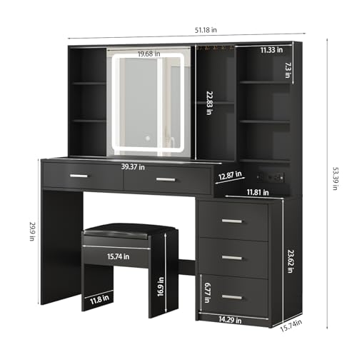 White Vanity Desk with Mirror and Lights 5 Drawers with Chair T159296
