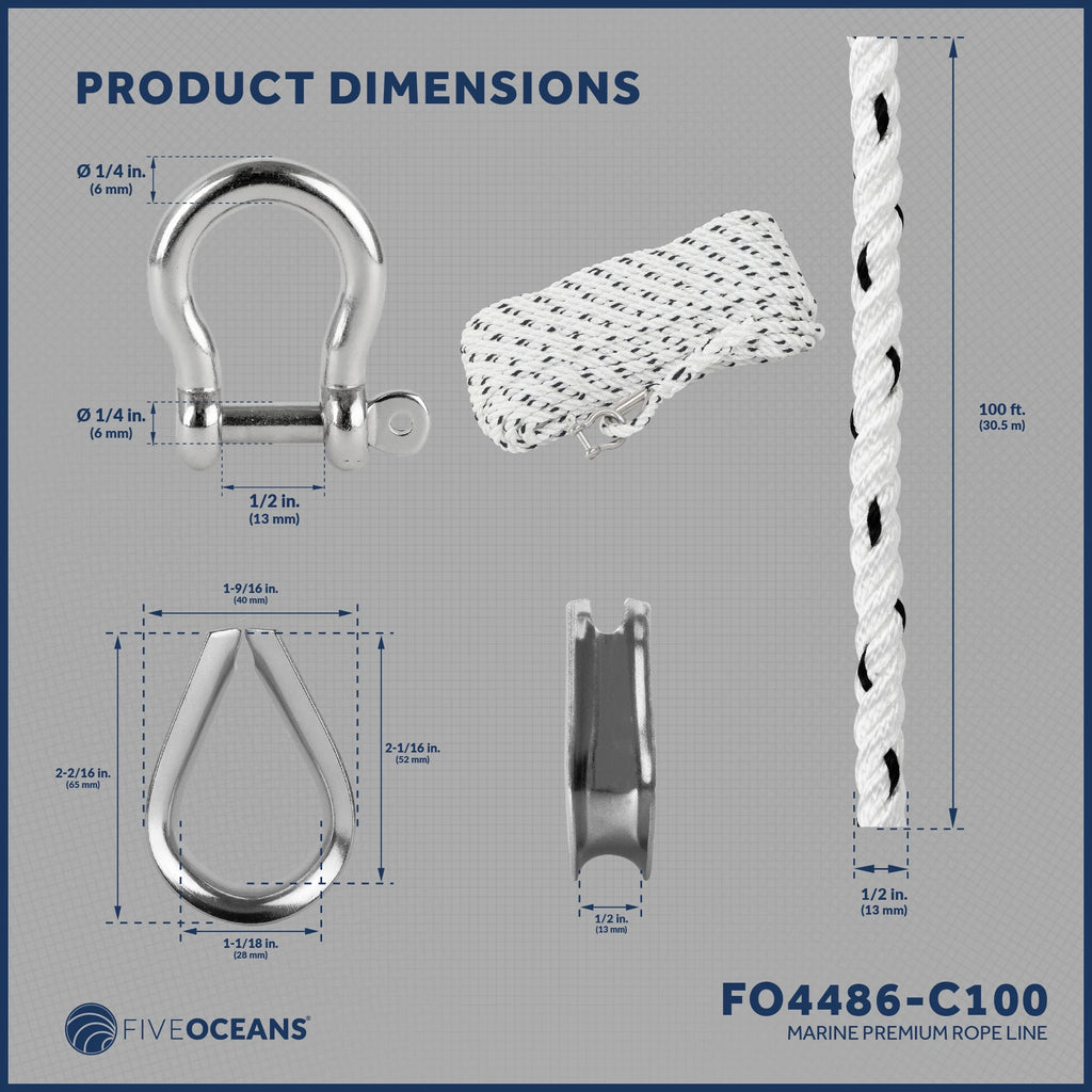 1/2 inch x 100 ft 3-Strand White Nylon Anchor Rope Line with Stainless Steel Thimble and Schakle C270