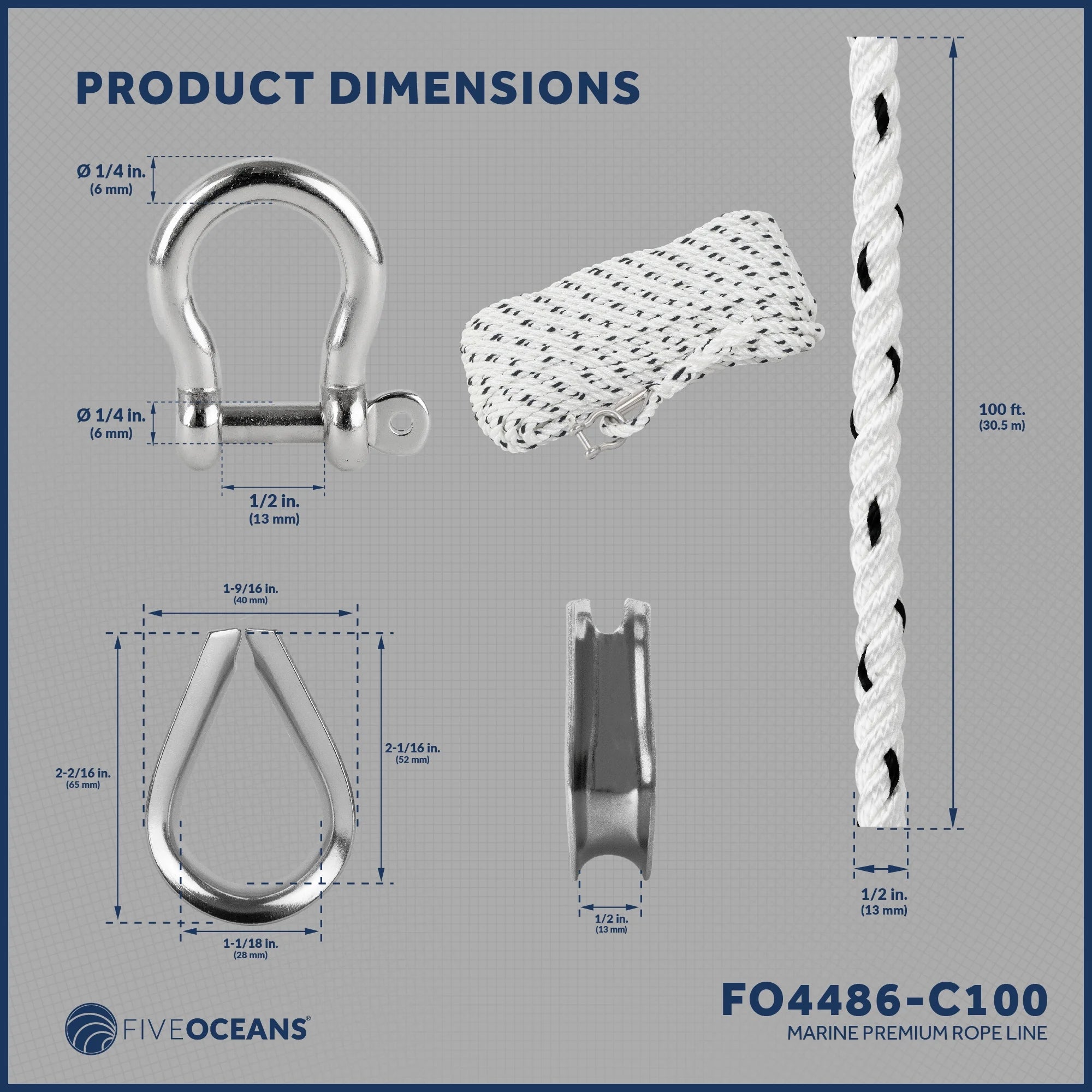 1/2 inch x 100 ft 3-Strand White Nylon Anchor Rope Line with Stainless Steel Thimble and Schakle C270