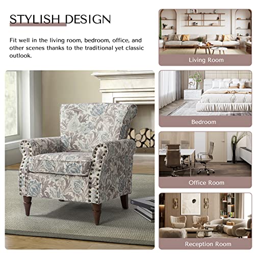 Pink Floral Pattern Wingback Accent Chair with Wood Legs & Removable Cushion F7116