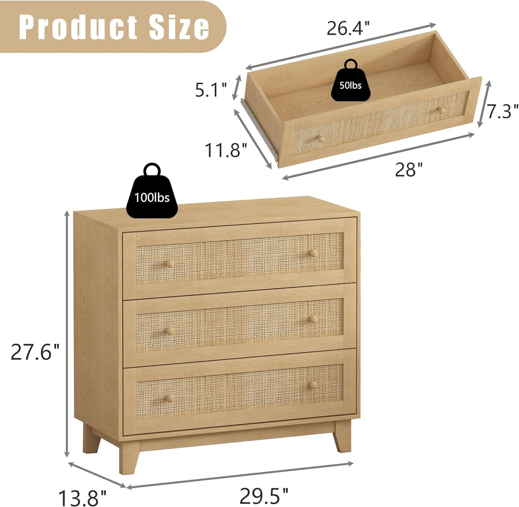 3 Drawer Natural Rattan Wood Dresser O98471