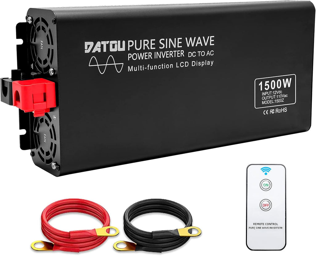 Pure Sine Wave Power Inverter 1000W/2000W Peak DC 12V to 110V AC Car Converter with 2 AC Outlets and LED Display H628