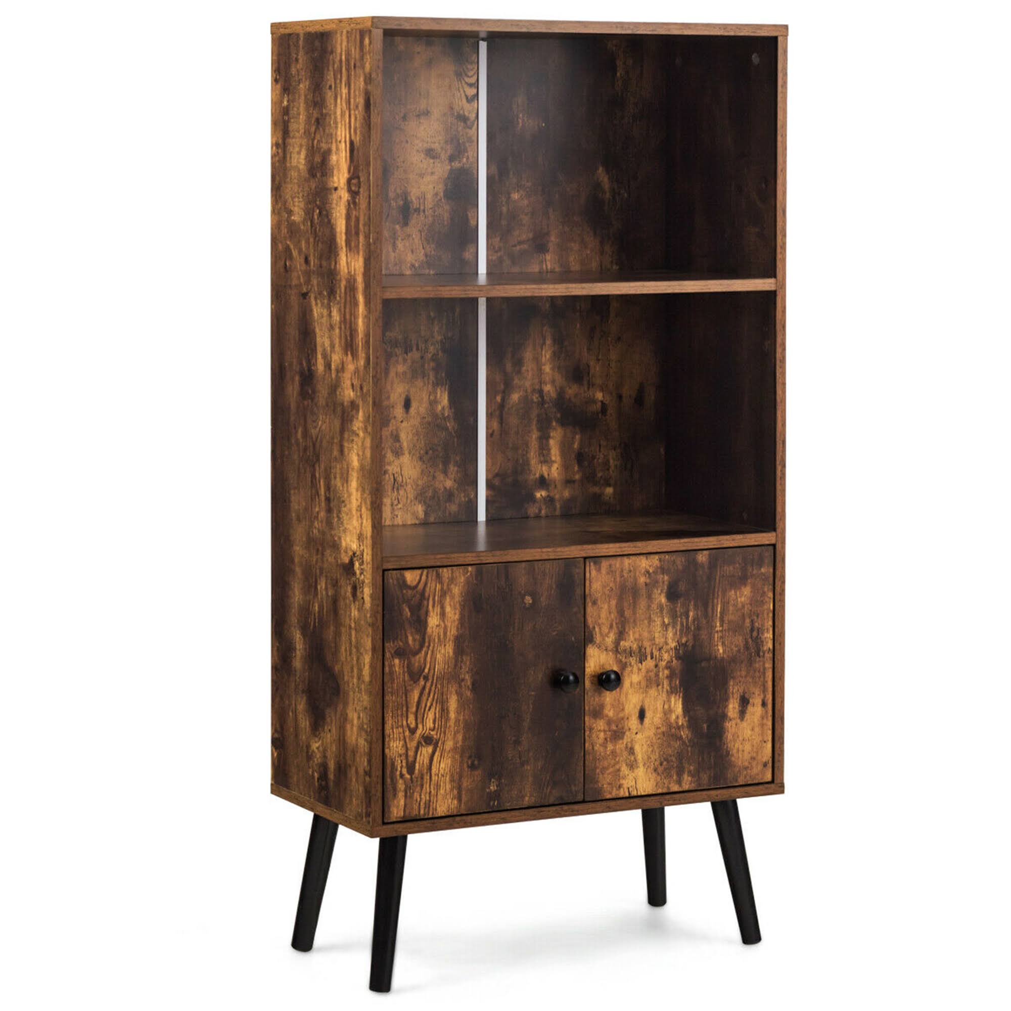 2-Tier Retro Bookcase Bookshelf with 3 Compartment and 2 Doors O420513