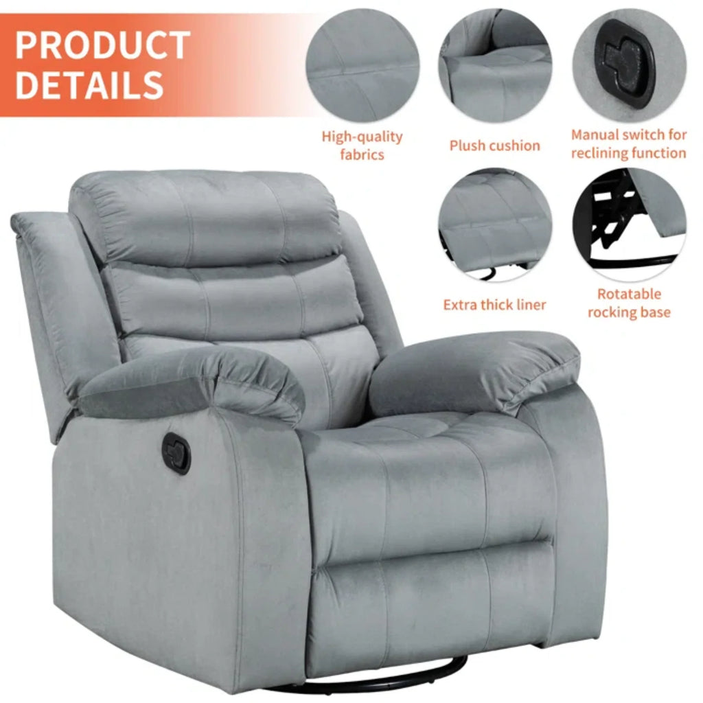 Gray Velvet Swivel Rocking Recliner Chair F129