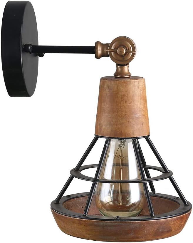 Conical Industrial Wood Wall Sconce with Cage Shade, 1-Light, Brown B790530