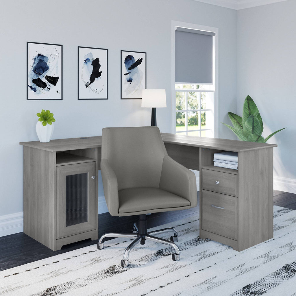 60W L Shaped Computer Desk with Mid Back Leather Box Chair in Modern Gray O502