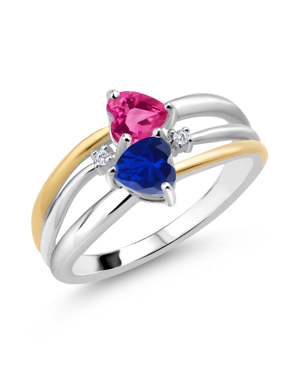 925 Silver 10K Yellow Gold Pink Created Sapphire Blue Created Sapphire White Lab Grown Diamond Band Ring Y501