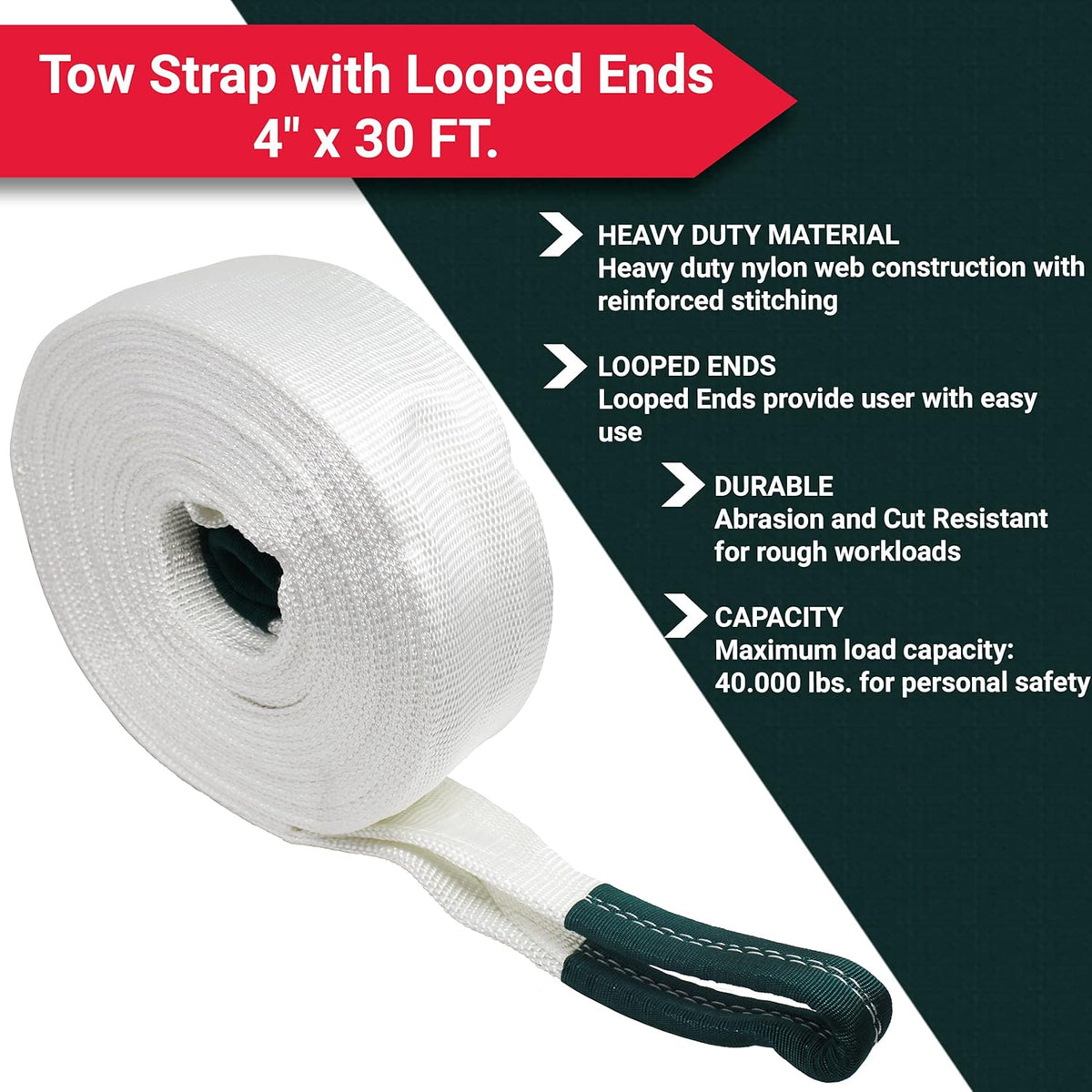 4 x 30 FT. Tow Strap with Looped Ends, 40,000 lb. Capacity, Pack of 2 N782