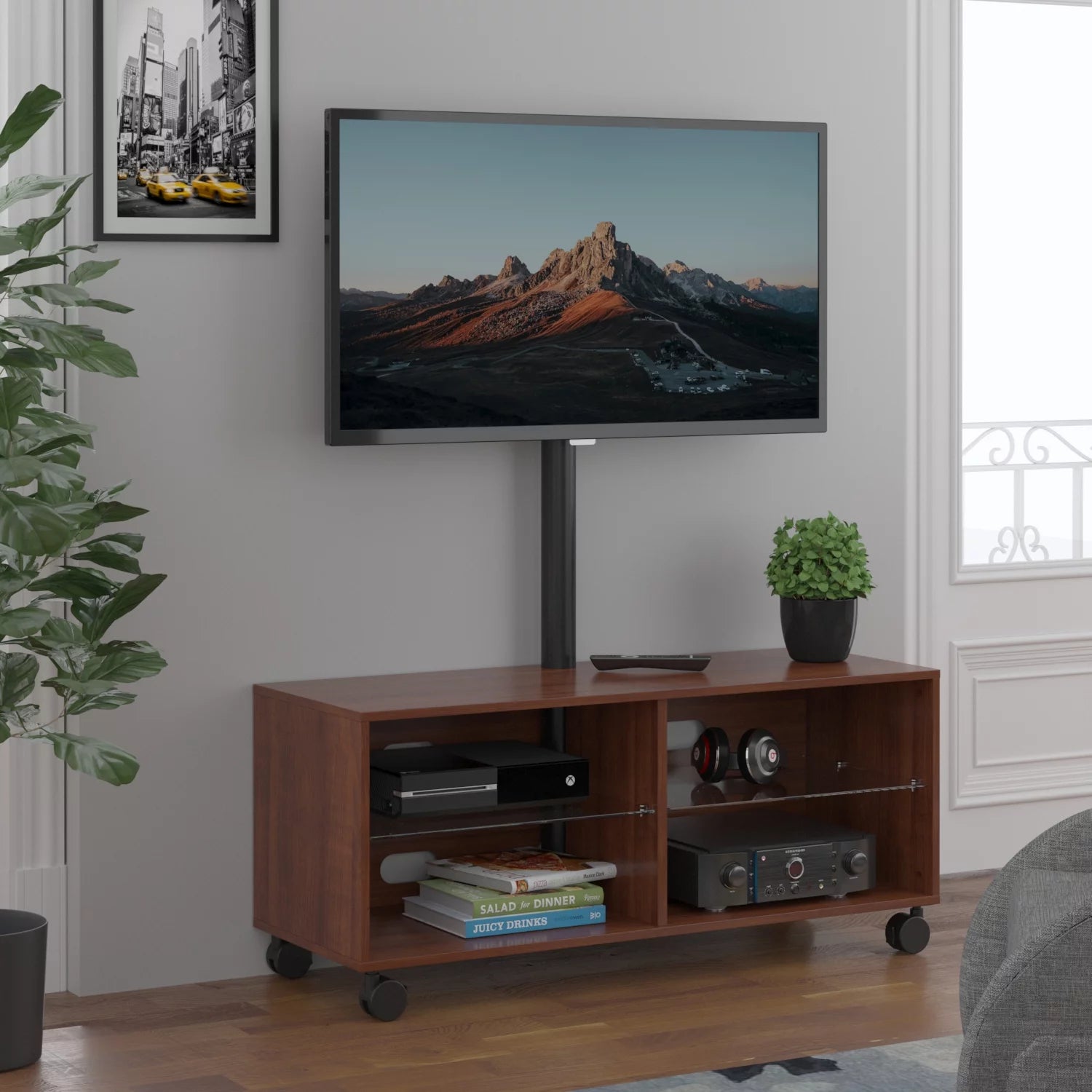 Brown Wood TV Stand with Rolling Wheels B88768