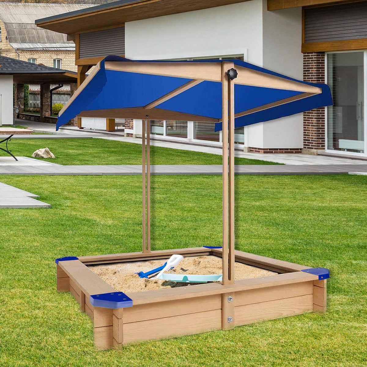 Kids Sandbox with Cover Wooden Outdoor Sandbox with Canopy Black G124898