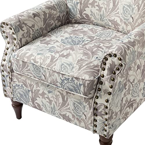 Pink Floral Pattern Wingback Accent Chair with Wood Legs & Removable Cushion F7116