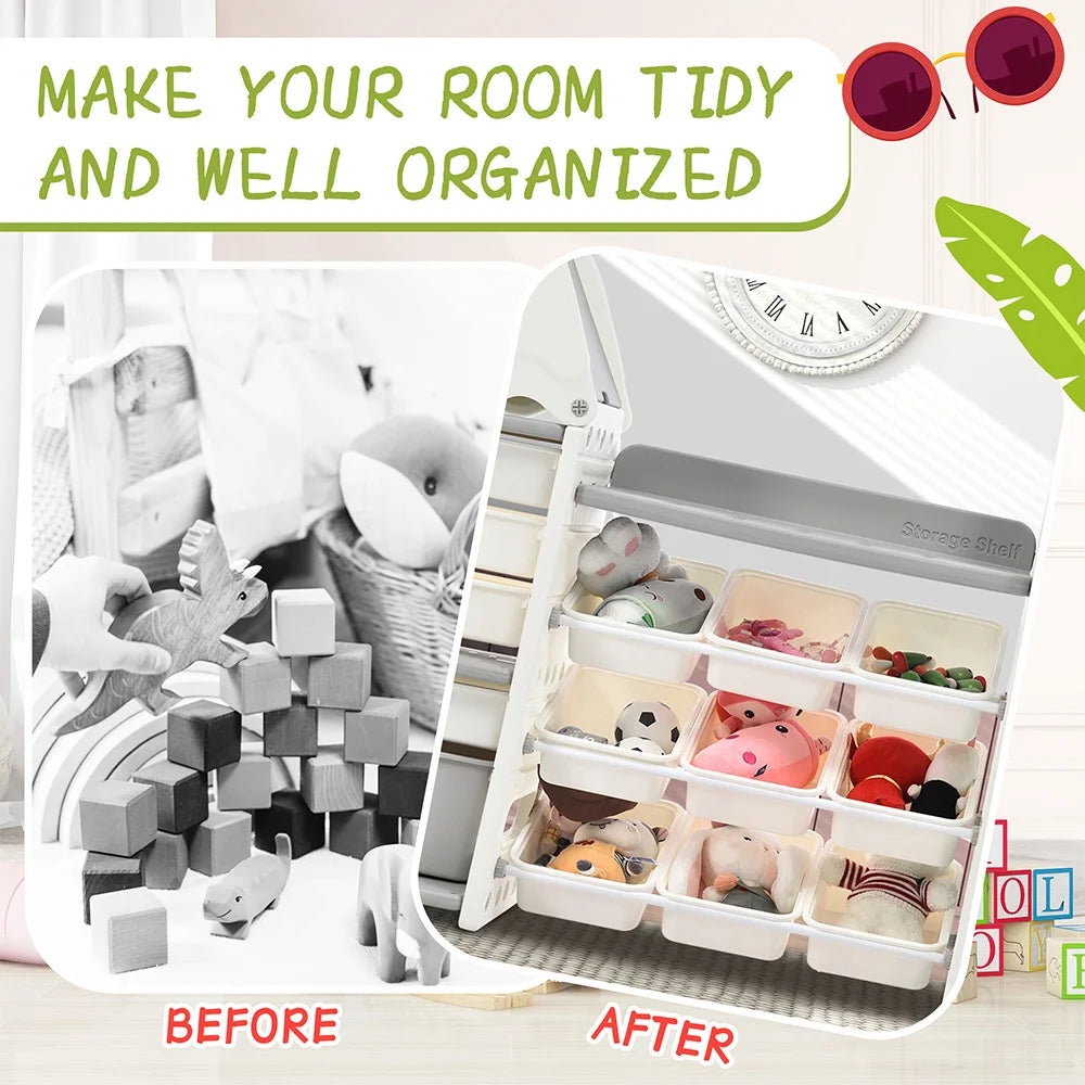 Grey Kids Bookshelf Toy Storage Organizer with 17 Bins and 4 Bookshelves J4983
