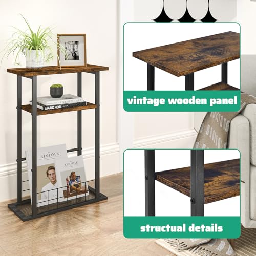 3-Tier Narrow End Table with Magazine Holder Rustic Brown N7326