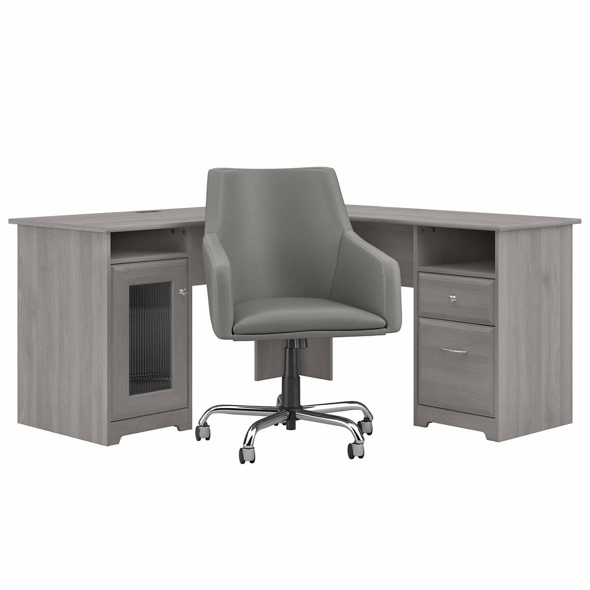 60W L Shaped Computer Desk with Mid Back Leather Box Chair in Modern Gray O502