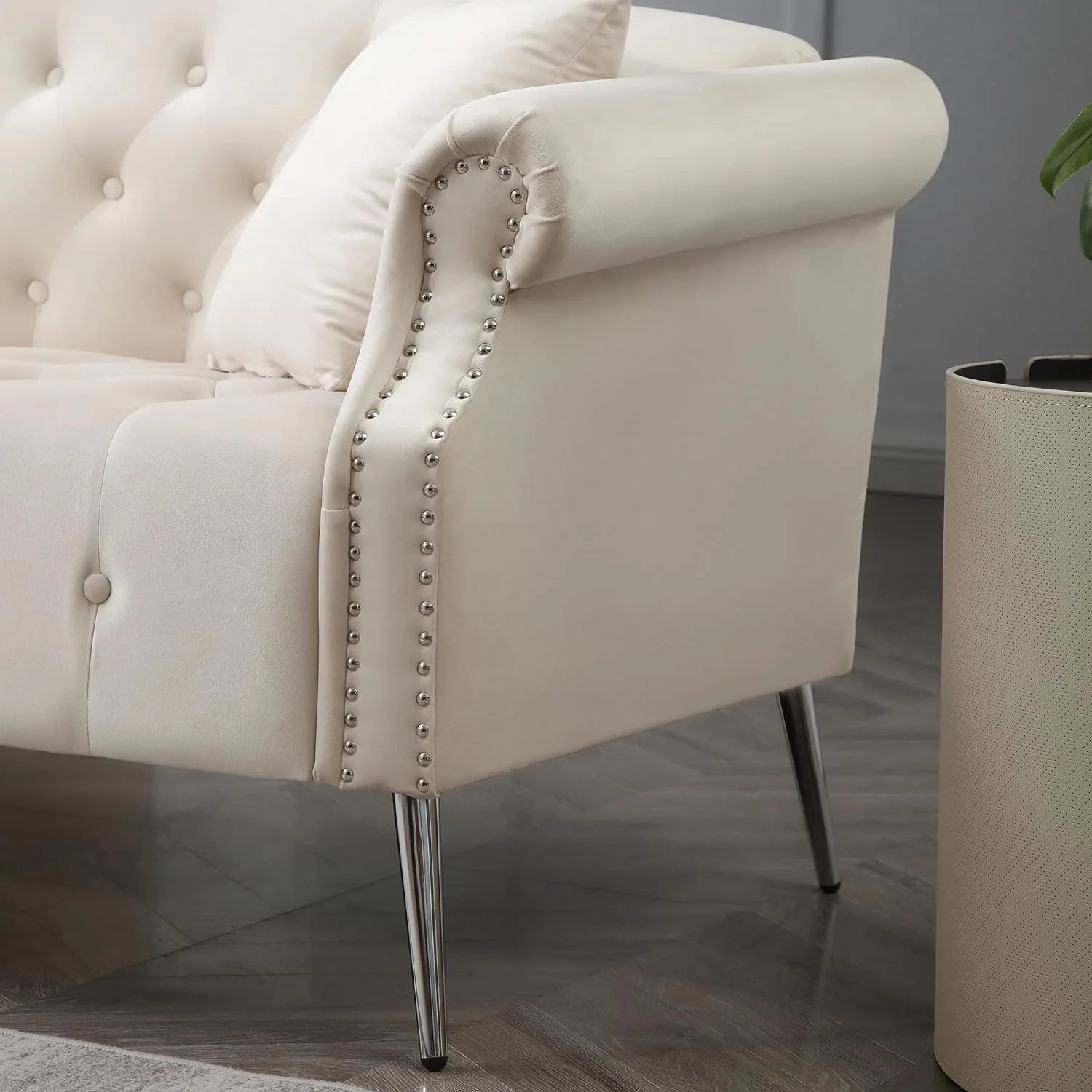 Beige Velvet Chesterfield Loveseat Sofa with Metal Legs O1217