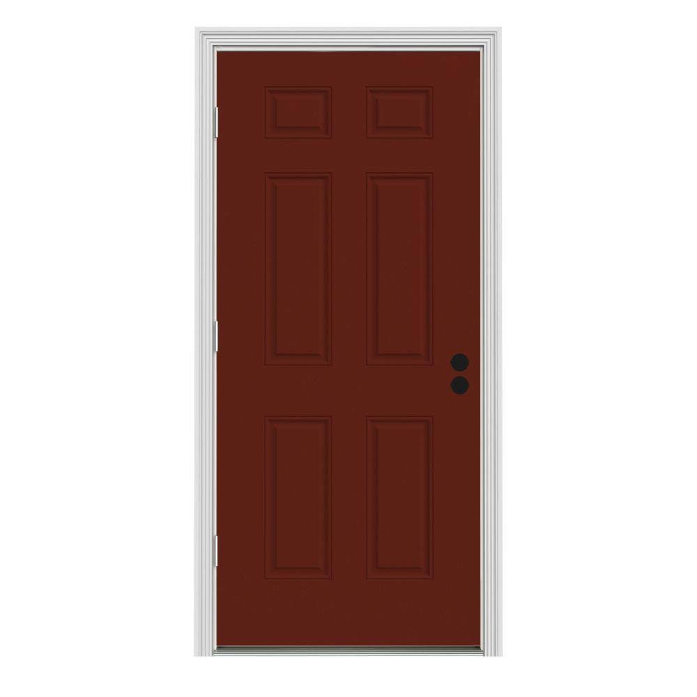 34 in. x 80 in. 6-Panel Red Painted Steel Prehung Right-Hand Outswing Front Door with Brickmould A330891