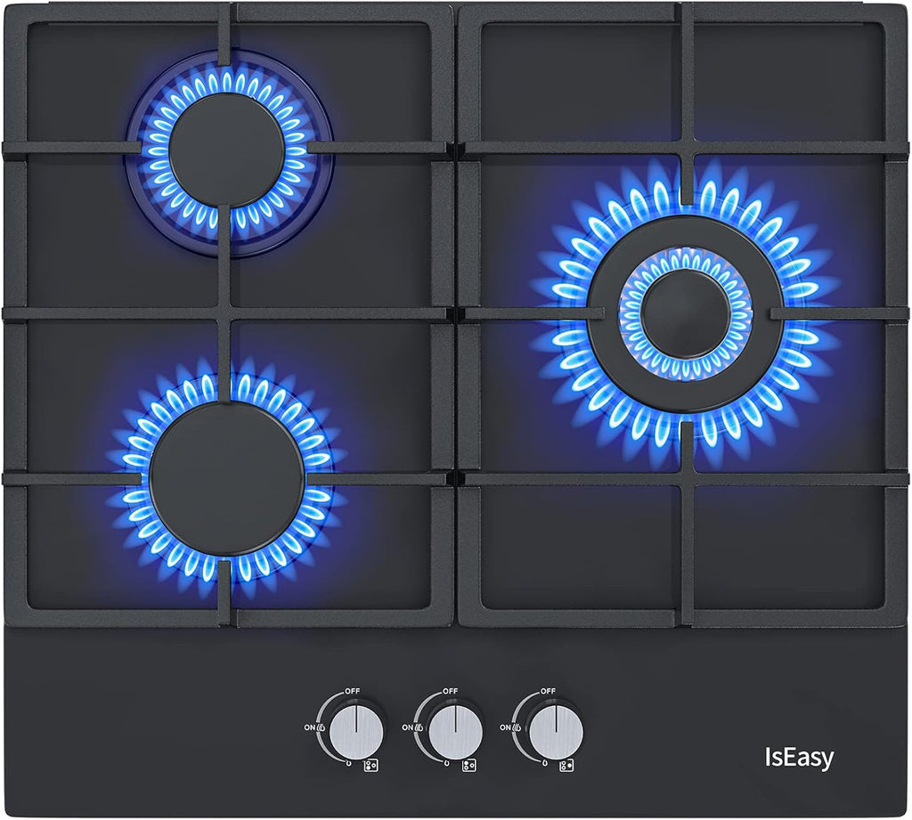 24 Inch Built-in Gas Cooktop, 3 Burner, Black Tempered Glass B27687
