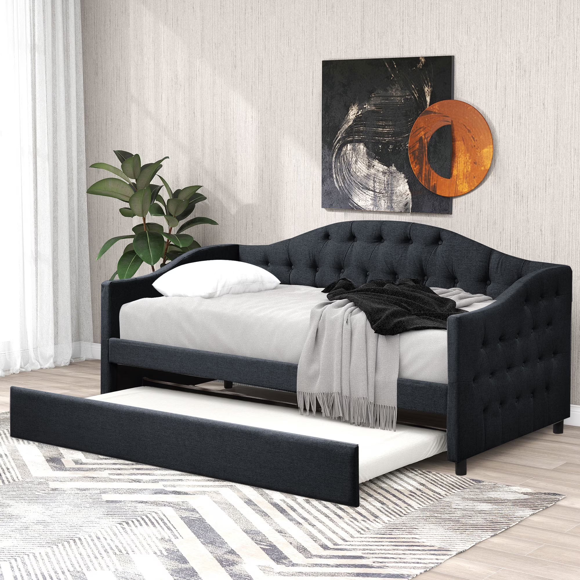 Dark Gray Wood Tufted Twin Size Daybed with Trundle S134