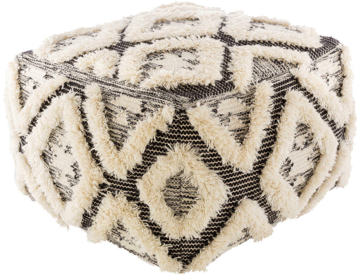 Black Cream Handmade Wool Pouf I173586