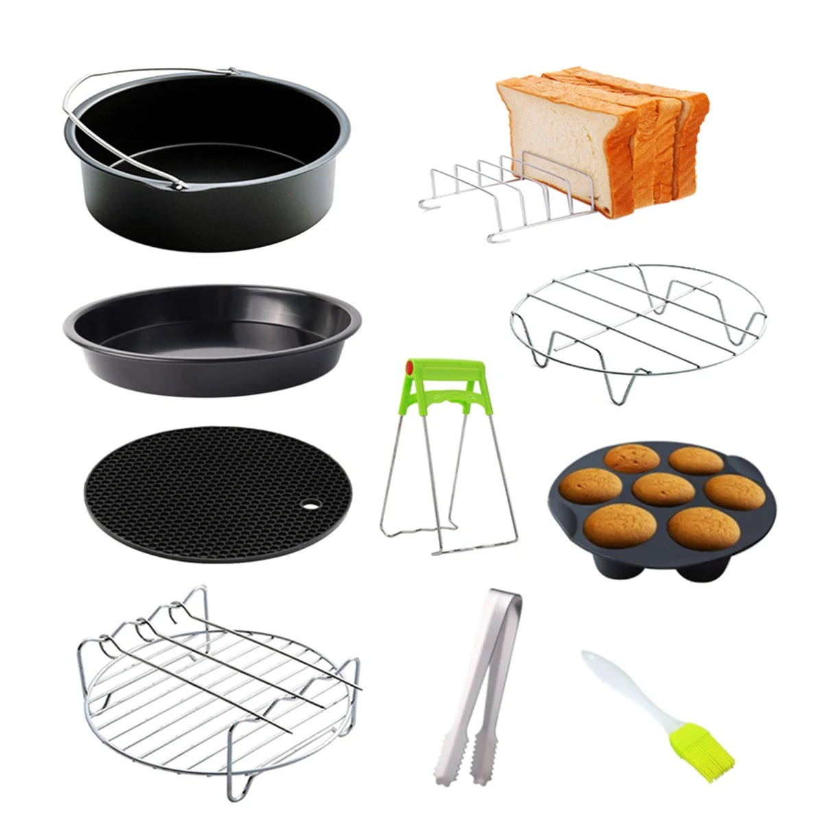 10Pcs Air Fryer Accessory Kit Frying Baking Pan Rack Pizza Tray Metal Holder Bread Bracket Cupcake Mould Set I32345