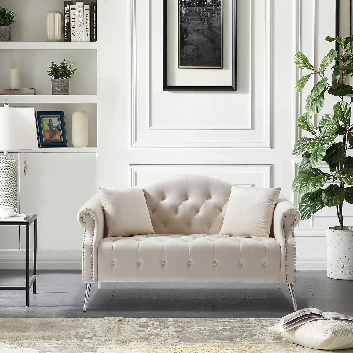 Beige Velvet Chesterfield Loveseat Sofa with Metal Legs O1217