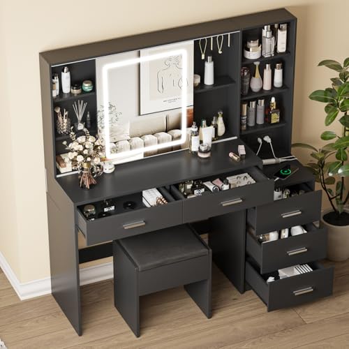 White Vanity Desk with Mirror and Lights 5 Drawers with Chair T159296