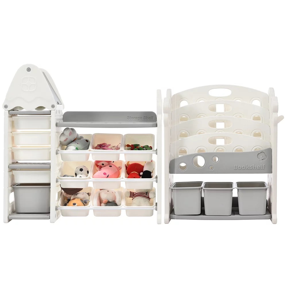 Grey Kids Bookshelf Toy Storage Organizer with 17 Bins and 4 Bookshelves J4983