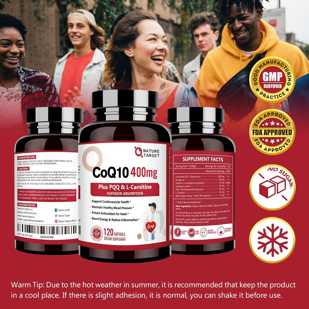 CoQ10-400mg with PQQ, Omega-3s & L-Carnitine, High Absorption Coenzyme-Q10 with BioPerine, 120 Servings B7480