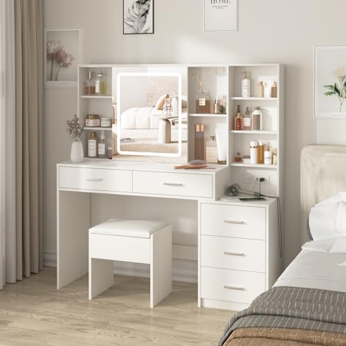 White Vanity Desk with Mirror and Lights 5 Drawers with Chair T159296