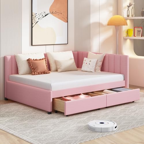 Twin Linen Fabric Upholstered Daybed with Trundle W6952