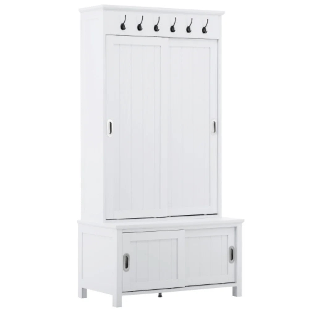 White Wooden Hall Tree with Sliding Doors and Storage Bench J666057
