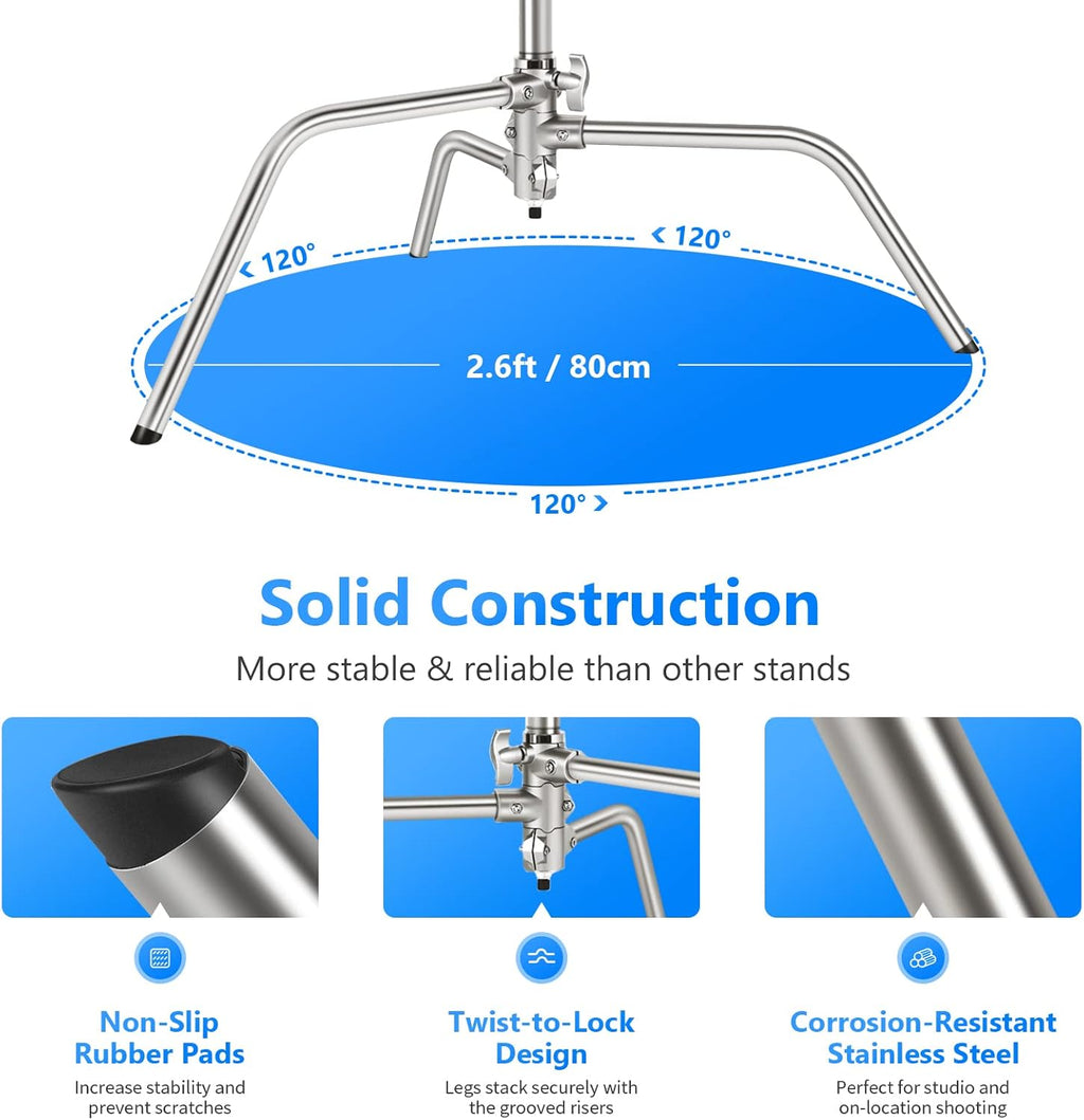 100% Stainless Steel C-Stand (2-Pack) with Extension Arm, Grip Head, Turtle Base Q6055