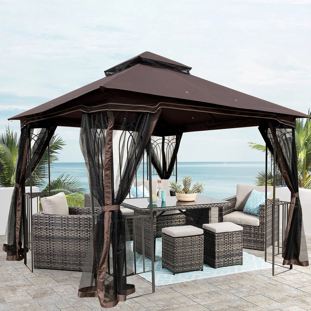 10x10 Outdoor Patio Gazebo Canopy Tent With Ventilated Double Roof And Mosquito Net, Brown Z359585