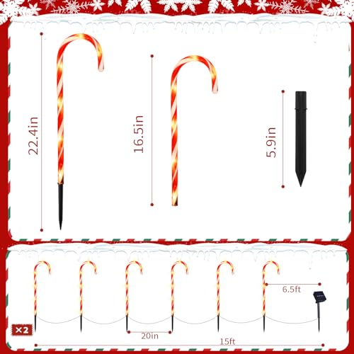 2PK 12 PCS 8 Modes Solar Candy Cane Lights 15FT J987